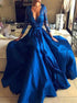 V Neck Long Sleeves Appliques Satin Prom Dress with Slit LBQ1710